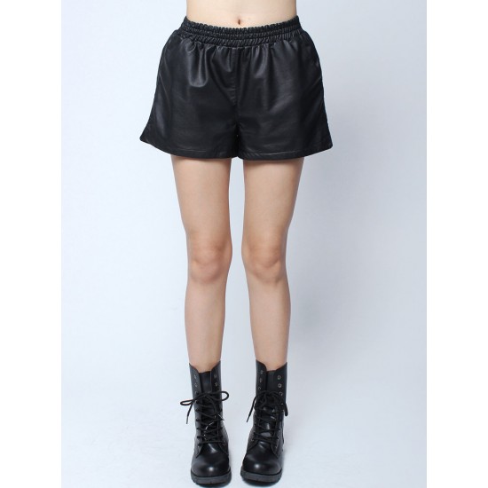 Fashion Casual High Waist Pockets PU Hem Slit Shorts