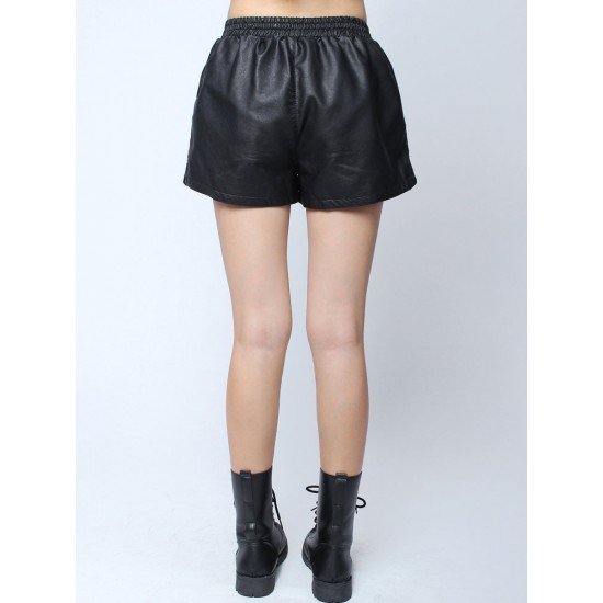 Fashion Casual High Waist Pockets PU Hem Slit Shorts