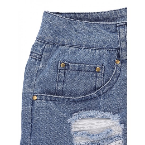 Vintage Women Ripped Zipper High Waist Denim Shorts Jeans