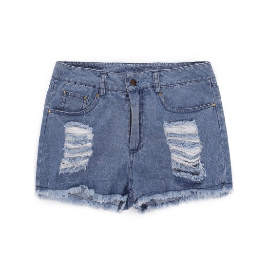 Vintage Women Ripped Zipper High Waist Denim Shorts Jeans