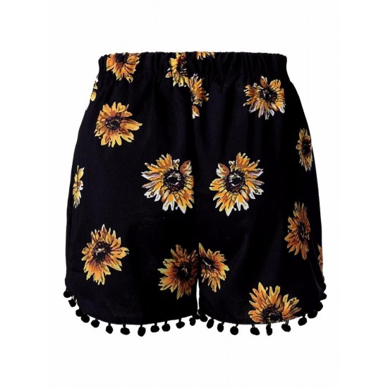 Women Elastic High Waist Sunflower Printed Shorts Casual Beach Shorts