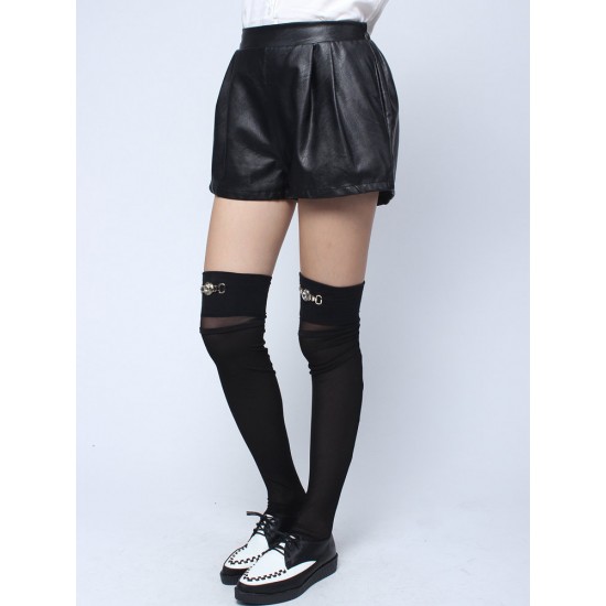 Women Fashion Black Elastic Waist Pocket Loose PU Leather Shorts
