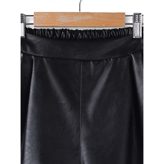 Women Fashion Black Elastic Waist Pocket Loose PU Leather Shorts
