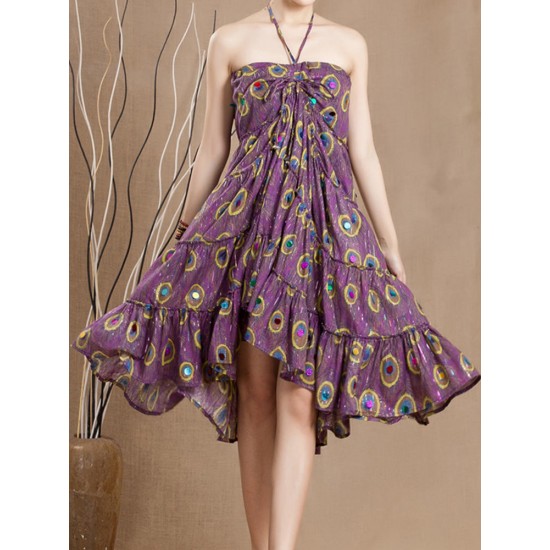 Bohemian Peacock Feather Printed Swing Skirt For Women