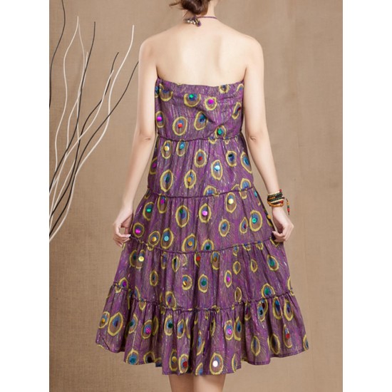 Bohemian Peacock Feather Printed Swing Skirt For Women