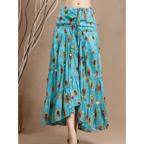 Bohemian Peacock Feather Printed Swing Skirt For Women