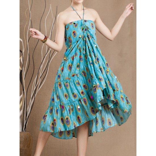 Bohemian Peacock Feather Printed Swing Skirt For Women