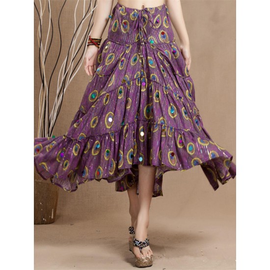 Bohemian Peacock Feather Printed Swing Skirt For Women