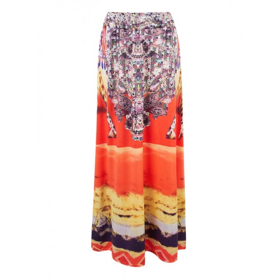 Bohemian Printed Stretch Waist Beach Maxi Skirt For Women