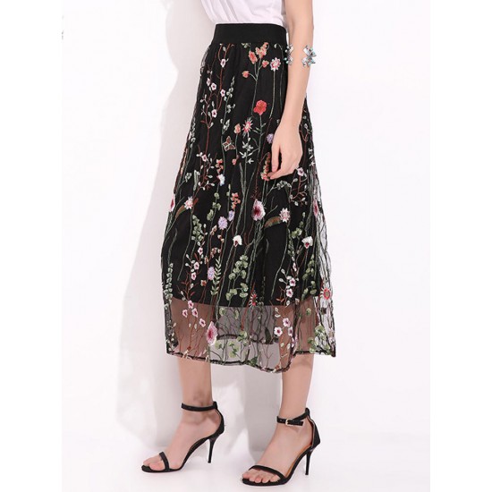 Bohemian Women Black Elastic Waist Floral Embroidered Mesh A-Line Midi Skirts