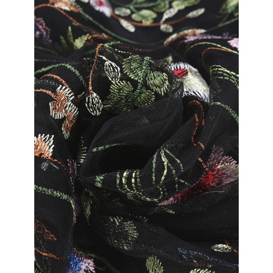 Bohemian Women Black Elastic Waist Floral Embroidered Mesh A-Line Midi Skirts Bohemian Women Black Elastic Waist Floral Embroidered Mesh A-Line Midi Skirts