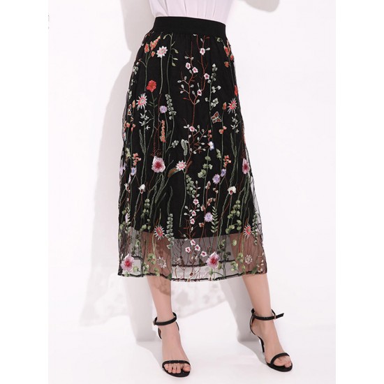 Bohemian Women Black Elastic Waist Floral Embroidered Mesh A-Line Midi Skirts