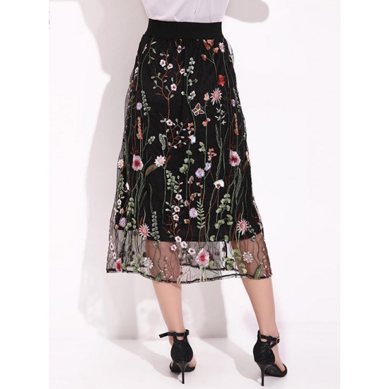 Bohemian Women Black Elastic Waist Floral Embroidered Mesh A-Line Midi Skirts Bohemian Women Black Elastic Waist Floral Embroidered Mesh A-Line Midi Skirts