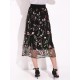 Bohemian Women Black Elastic Waist Floral Embroidered Mesh A-Line Midi Skirts