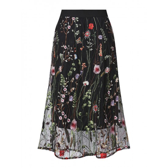 Bohemian Women Black Elastic Waist Floral Embroidered Mesh A-Line Midi Skirts Bohemian Women Black Elastic Waist Floral Embroidered Mesh A-Line Midi Skirts