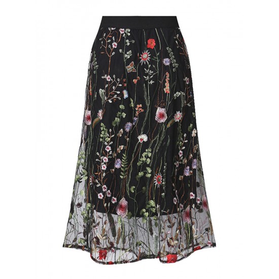 Bohemian Women Black Elastic Waist Floral Embroidered Mesh A-Line Midi Skirts