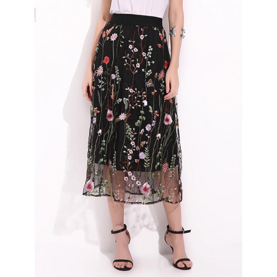 Bohemian Women Black Elastic Waist Floral Embroidered Mesh A-Line Midi Skirts