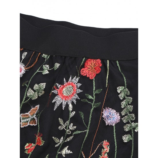 Bohemian Women Black Elastic Waist Floral Embroidered Mesh A-Line Midi Skirts