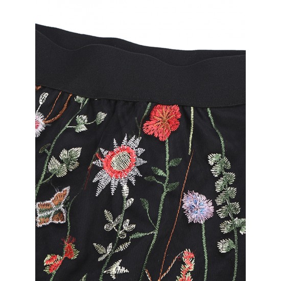 Bohemian Women Black Elastic Waist Floral Embroidered Mesh A-Line Midi Skirts Bohemian Women Black Elastic Waist Floral Embroidered Mesh A-Line Midi Skirts