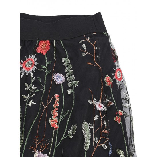 Bohemian Women Black Elastic Waist Floral Embroidered Mesh A-Line Midi Skirts Bohemian Women Black Elastic Waist Floral Embroidered Mesh A-Line Midi Skirts