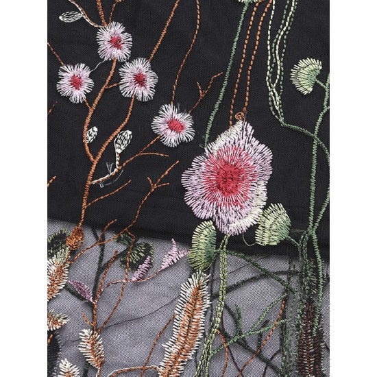Bohemian Women Black Elastic Waist Floral Embroidered Mesh A-Line Midi Skirts