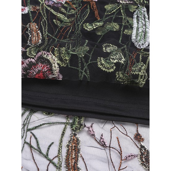 Bohemian Women Black Elastic Waist Floral Embroidered Mesh A-Line Midi Skirts Bohemian Women Black Elastic Waist Floral Embroidered Mesh A-Line Midi Skirts