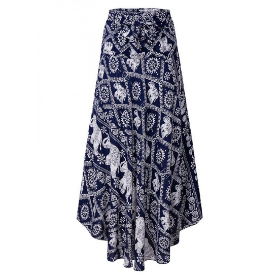 Bohemian Women Elastic Waist Printed Irregular Maxi Skirts