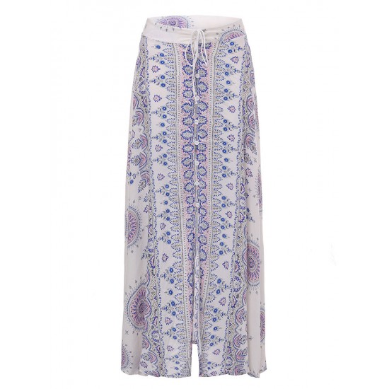 Bohemian Women Floral Front Button Drawstring Split Maxi Skirt Bohemian Women Floral Front Button Drawstring Split Maxi Skirt