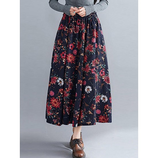 Bohemian Women Floral High Elastic Waist Pleated A-Line Maxi Skirts