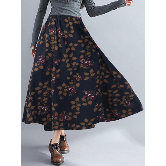 Bohemian Women Floral High Elastic Waist Pleated A-Line Maxi Skirts