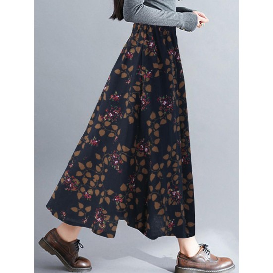 Bohemian Women Floral High Elastic Waist Pleated A-Line Maxi Skirts