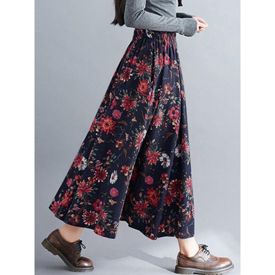 Bohemian Women Floral High Elastic Waist Pleated A-Line Maxi Skirts