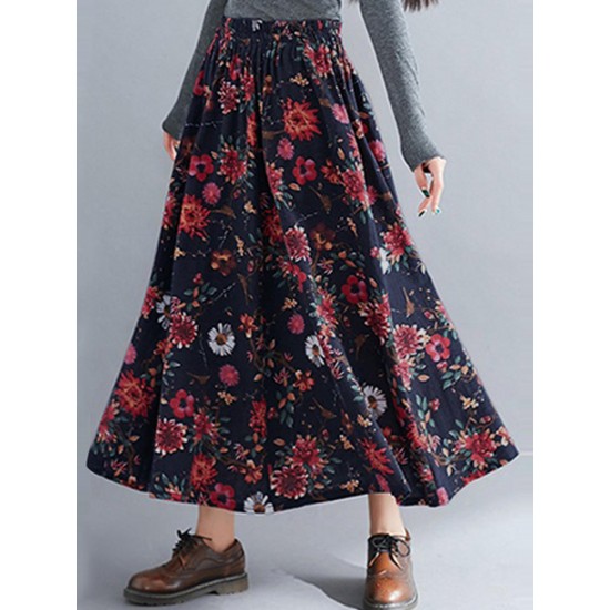 Bohemian Women Floral High Elastic Waist Pleated A-Line Maxi Skirts