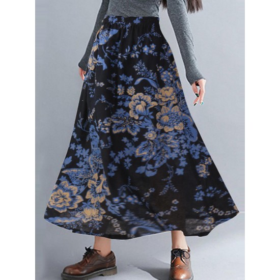 Bohemian Women Floral High Elastic Waist Pleated A-Line Maxi Skirts