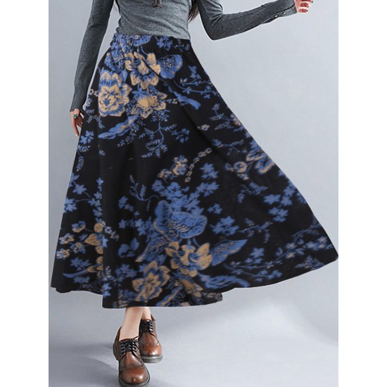 Bohemian Women Floral High Elastic Waist Pleated A-Line Maxi Skirts