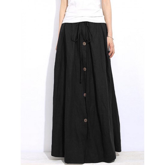 Casual Women Elastic Waist Lace Up Solid Color Maxi Skirt with Button Design