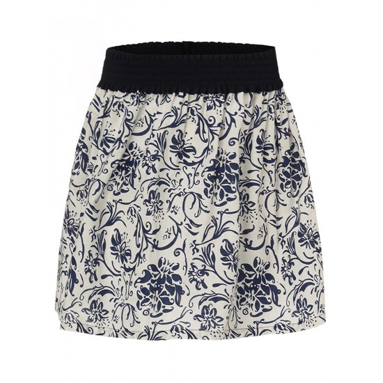 Casual Women Floral Print High Waist Cotton Linen A-line Mini Skirt