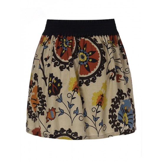 Casual Women Floral Print High Waist Cotton Linen A-line Mini Skirt