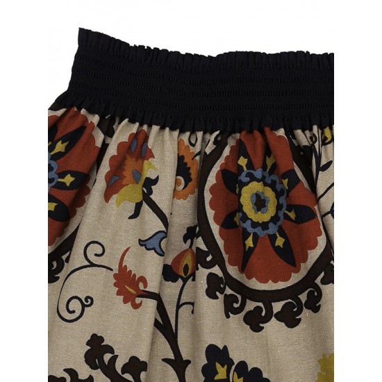 Casual Women Floral Print High Waist Cotton Linen A-line Mini Skirt