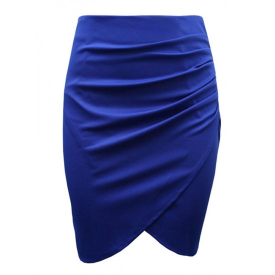 Elegant Women High Waist Solid Asymmetric Pleated Package Hip Pencil Skirt