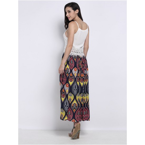 Vintage Women Bohemian Bow High Waist Print Pleated Maxi Skirt
