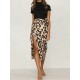 Women High Waist Leopard Print Split Skirts