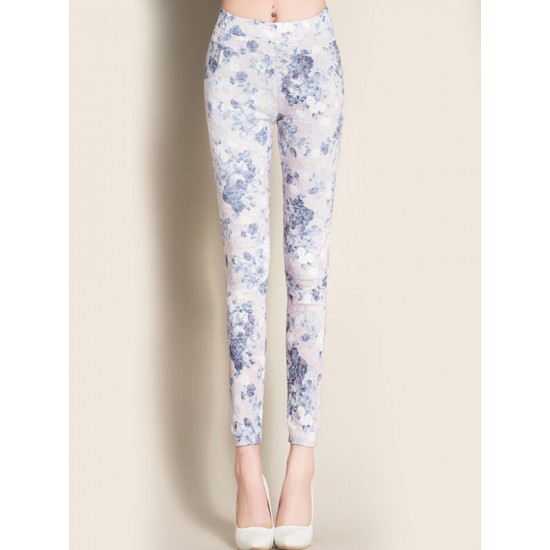 Casual Jacquard Floral Mid Waist Slim Women Elastic Pants