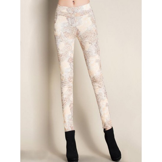 Casual Jacquard Floral Mid Waist Slim Women Elastic Pants