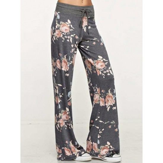 Casual Loose Floral Printed High Waist Women Drawstring Wide Leg Pants