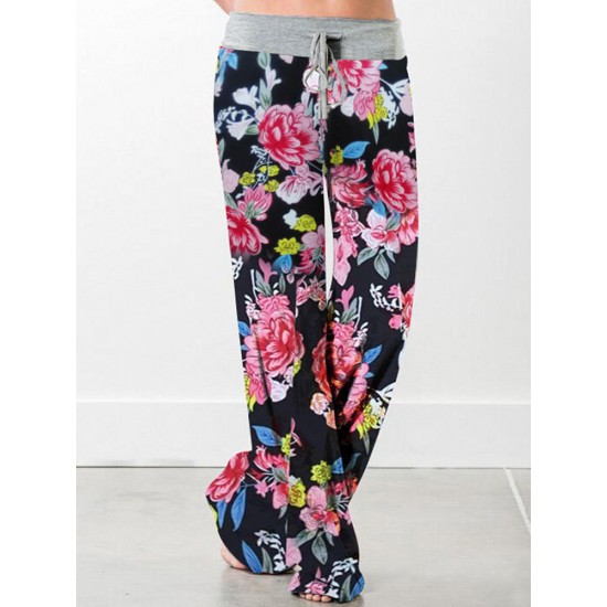 Casual Loose Floral Printed High Waist Women Drawstring Wide Leg Pants