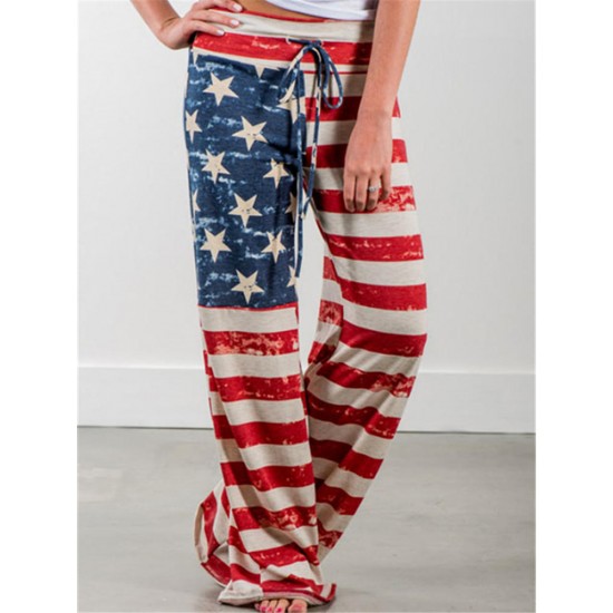 Casual Loose Floral Printed High Waist Women Drawstring Wide Leg Pants