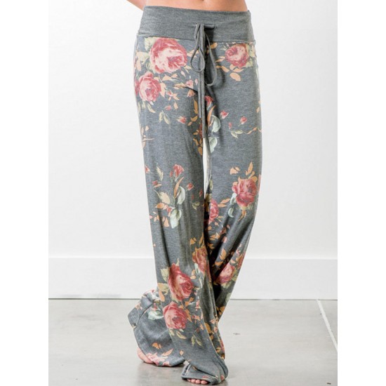 Casual Loose Floral Printed High Waist Women Drawstring Wide Leg Pants