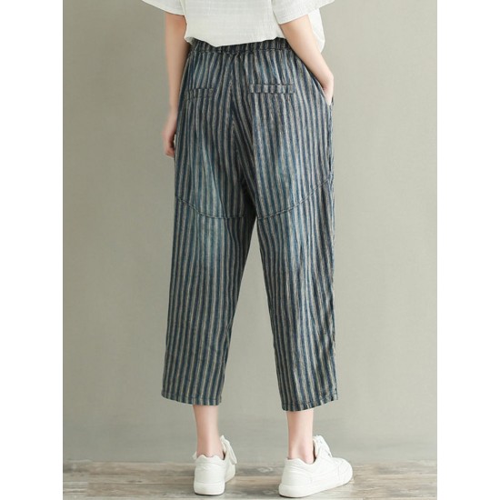 Casual Loose Stripe Drawstring Waist Women Pants