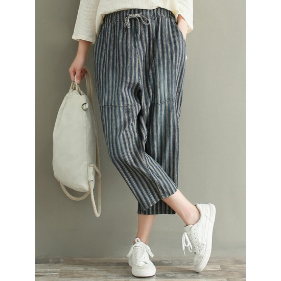 Casual Loose Stripe Drawstring Waist Women Pants